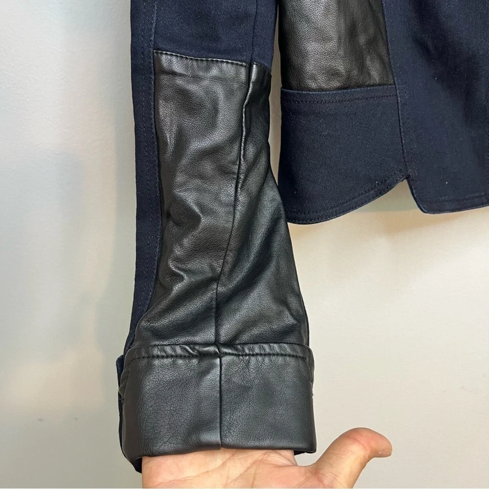 Kiind of Thalia faux leather two toned jacket Sz L Navy Black Cotton Chic City - Picture 6 of 14